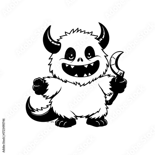 Whimsical horned creature with a crescent-shaped blade in a stylized drawing illustration design