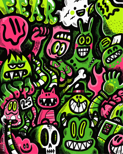 Vibrant and playful cartoon monster mashup bursting with fun characters and energetic doodle art, perfect for creative projects