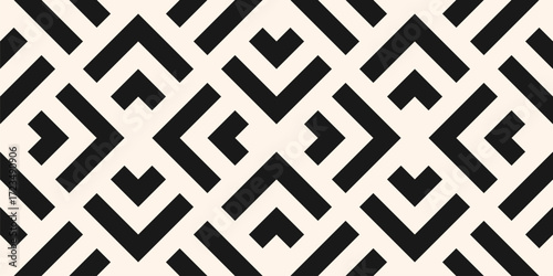 Stylish black and white vector geometric seamless pattern with squares, rhombuses, arrows, grid, lattice. Abstract black and white graphic ornament. Simple modern background texture. Repeat geo design