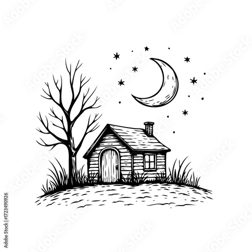 Whimsical ink drawing of a cozy cabin under a celestial crescent moon and twinkling stars in quiet