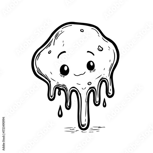 Whimsical melting blob character with endearing eyes and dripping outline illustration creates a
