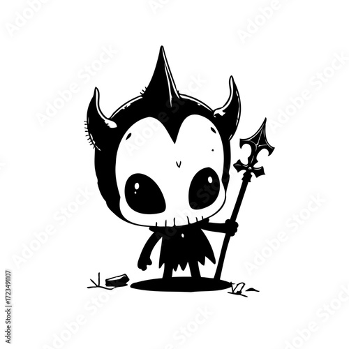 Whimsical monochrome devil character illustration, capturing cute yet eerie design, perfect for