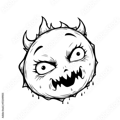 Whimsical monochrome illustration of a cartoonish sun character with menacing features and edgy