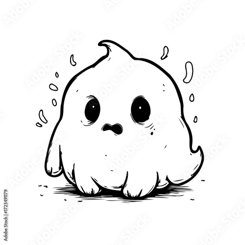 Whimsical monochrome ghost illustration with a spooky yet endearing expression floating gently