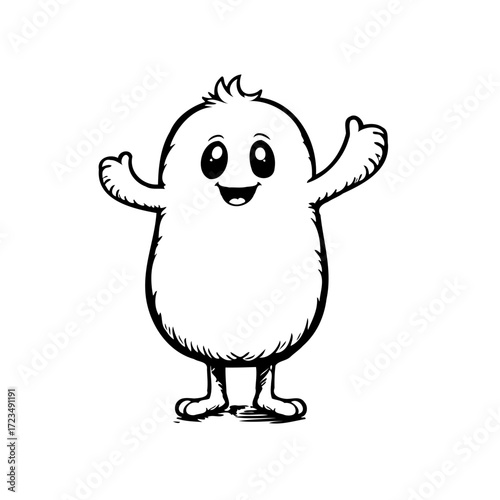 Whimsical monochrome illustration of a friendly cartoon character spreading positivity and joy