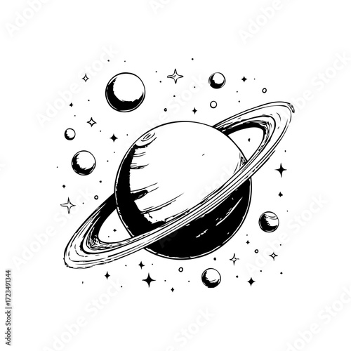 Whimsical planetary illustration of a ringed orb amidst twinkling celestial companions evoking