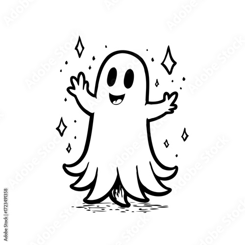 Whimsical phantom outlined with shining diamonds floating up happy simple drawing to celebrate