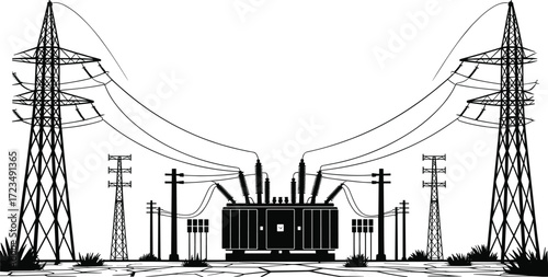 High voltage power transmission substation with electricity towers and overhead lines, industrial silhouette vector for energy, utility, engineering, and infrastructure design.