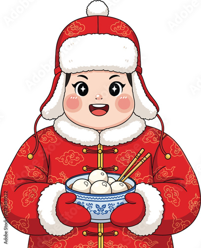 Chinese Child in Traditional Winter Attire Holds Tangyuan