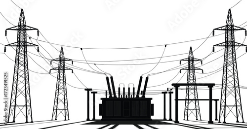 High voltage power transmission substation with electricity towers and overhead lines, industrial silhouette vector for energy, utility, engineering, and infrastructure design.
