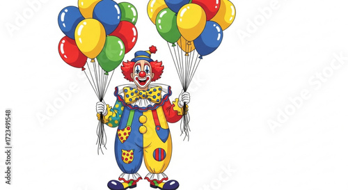 A cheerful clown with vibrant makeup and a colorful costume holds a bunch of balloons, , bringing joy and laughter to all