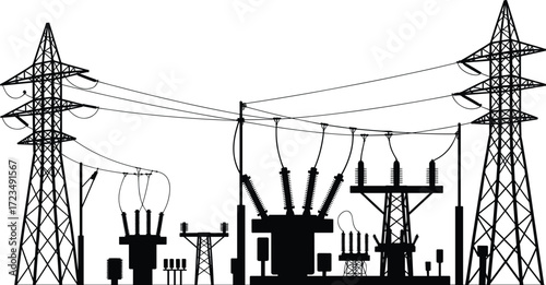 High voltage power transmission substation with electricity towers and overhead lines, industrial silhouette vector for energy, utility, engineering, and infrastructure design.