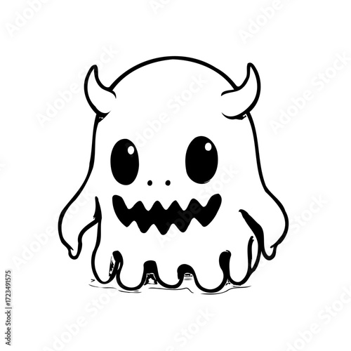 Whimsical spectral character with tiny horns and a toothy grin celebrates playful haunted house