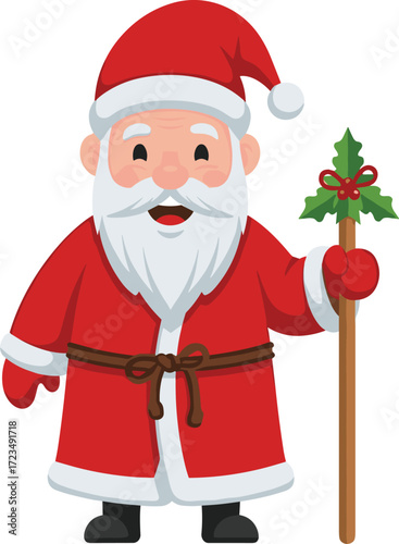 Cheerful Santa Claus holding a mistletoe staff in flat design