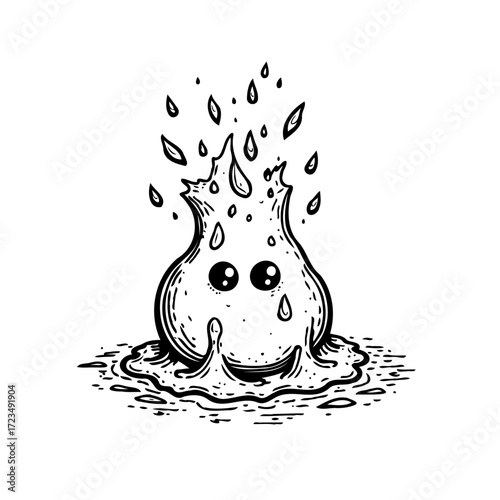Whimsical water droplet character enjoying a splashy pool in monochrome drawing with joyful