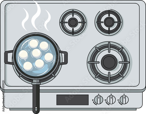 Cooking Tangyuan on a Stove: Flat Vector Icon