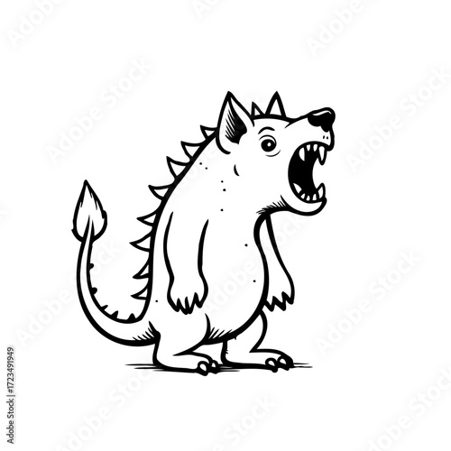 Whimsical vector illustration of an angry dog like creature with spiky fur and sharp teeth stands