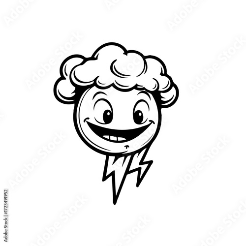 Whimsical weather emblem featuring a cheerful cloud face with lightning bolt appendages
