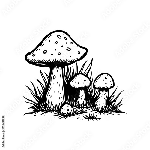 Whimsical woodland gathering ink drawing of mushrooms family in a charming natural environment