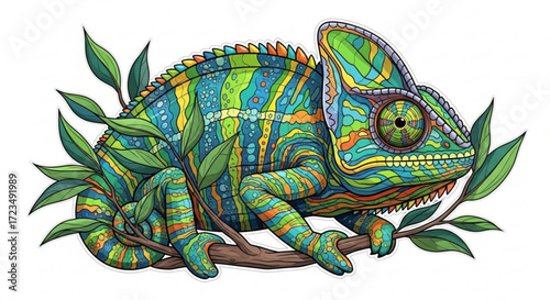 Colorful chameleon illustration vector art with leaves and branch for graphic design and print projects