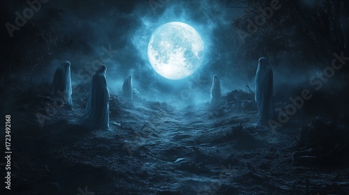 Ghosts Under The Full Moon During Halloween 