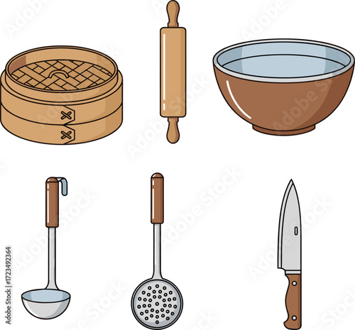 Asian Cooking Utensils: Steamer, Bowl, Rolling Pin, Ladle, Strainer, Knife