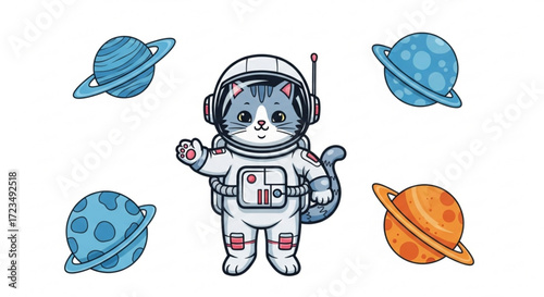 Cute astronaut cat in space with planets vector illustration for kids and children design and decoration