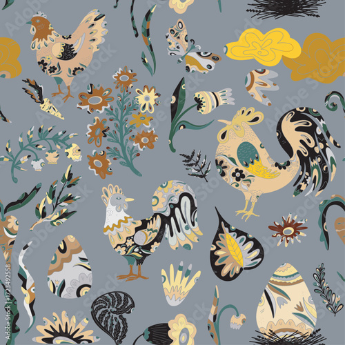 Easter seamless pattern with colorful roosters, hares, flowers and decorative eggs in folk style. Spring festive design for fabric, packaging and cards.