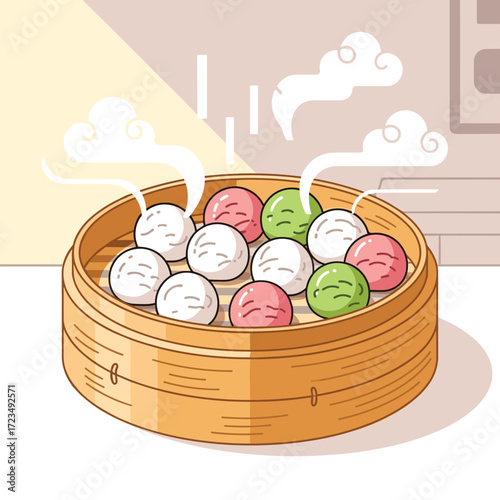 Steaming Colorful Tangyuan in Bamboo Steamer - Traditional Asian Food