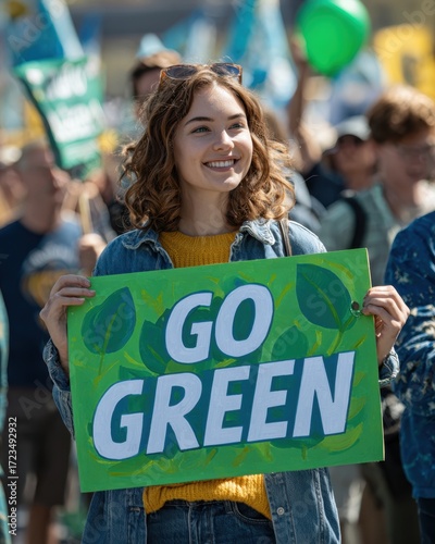 Activist with a Go Green Sign: A youthful activist cheerfully displays a Go Green sign, advocating for a greener future.