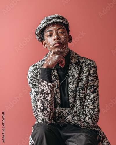 Urban Chic Portrait: A poised individual, adorned in a stylish patterned coat and a fashionable hat, strikes a thoughtful pose, embodying contemporary urban fashion against a vibrant backdrop.