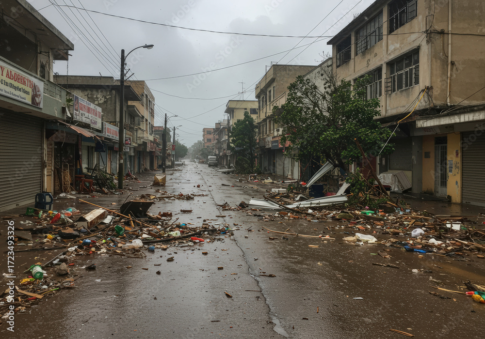 Fototapeta premium Typhoon aftermath street view of a fictional city. with rubble and rubbish everywhere.