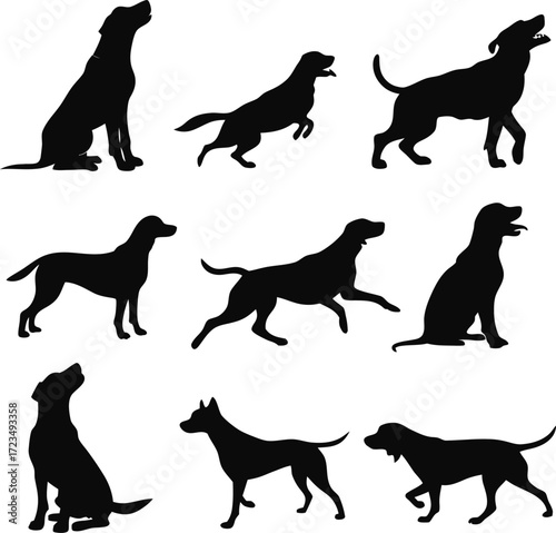 Vector art of set of dog silhouettes featuring various breeds in sitting, running, and howling poses, perfect for illustrating canine behavior and petrelated themes