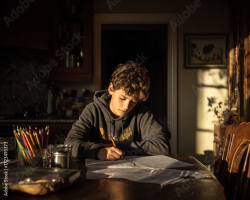 Concentrated Student: A focused young student engrossed in his study, diligently penning notes in the warm, inviting glow of sunlight. capturing the dedication of education.