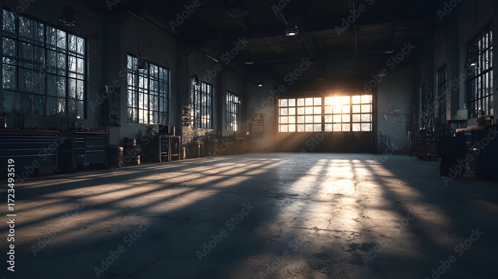 Fototapeta premium Empty, spacious auto repair garage with large windows letting in soft afternoon light, casting long shadows across the clean concrete floor.