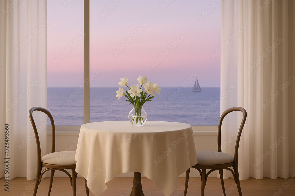 custom made wallpaper toronto digitalRomantic table with white tulips and sea view at sunset, horizontal photo