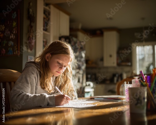 The Budding Artist: A young girl, illuminated by natural light, is deeply engrossed in her creative pursuits, her pen dancing across the page, filling the space with her imagination