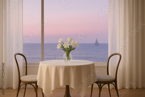 Wallpaper Mural Romantic table with white tulips and sea view at sunset, horizontal photo Torontodigital.ca
