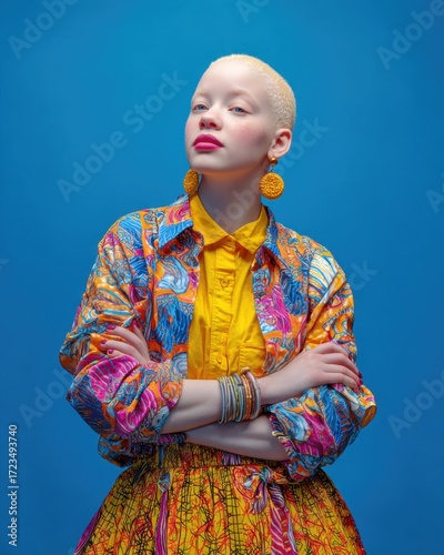 Vibrant Albinism Portrait: A portrait capturing the unique beauty of a person with albinism, featuring striking blue background.