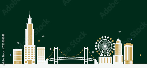 冬の都市夜景と橋 観覧車 コピースペース付きバナー背景｜イラスト ベクター