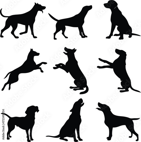 Vector art of set of dog silhouettes featuring various breeds in sitting, running, and howling poses, perfect for illustrating canine behavior and petrelated themes