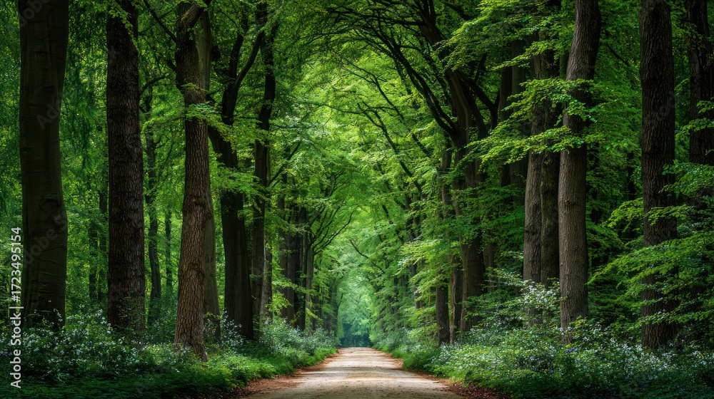 Fototapeta premium Serene Pathway Through Lush Green Forest in Bright Daylight