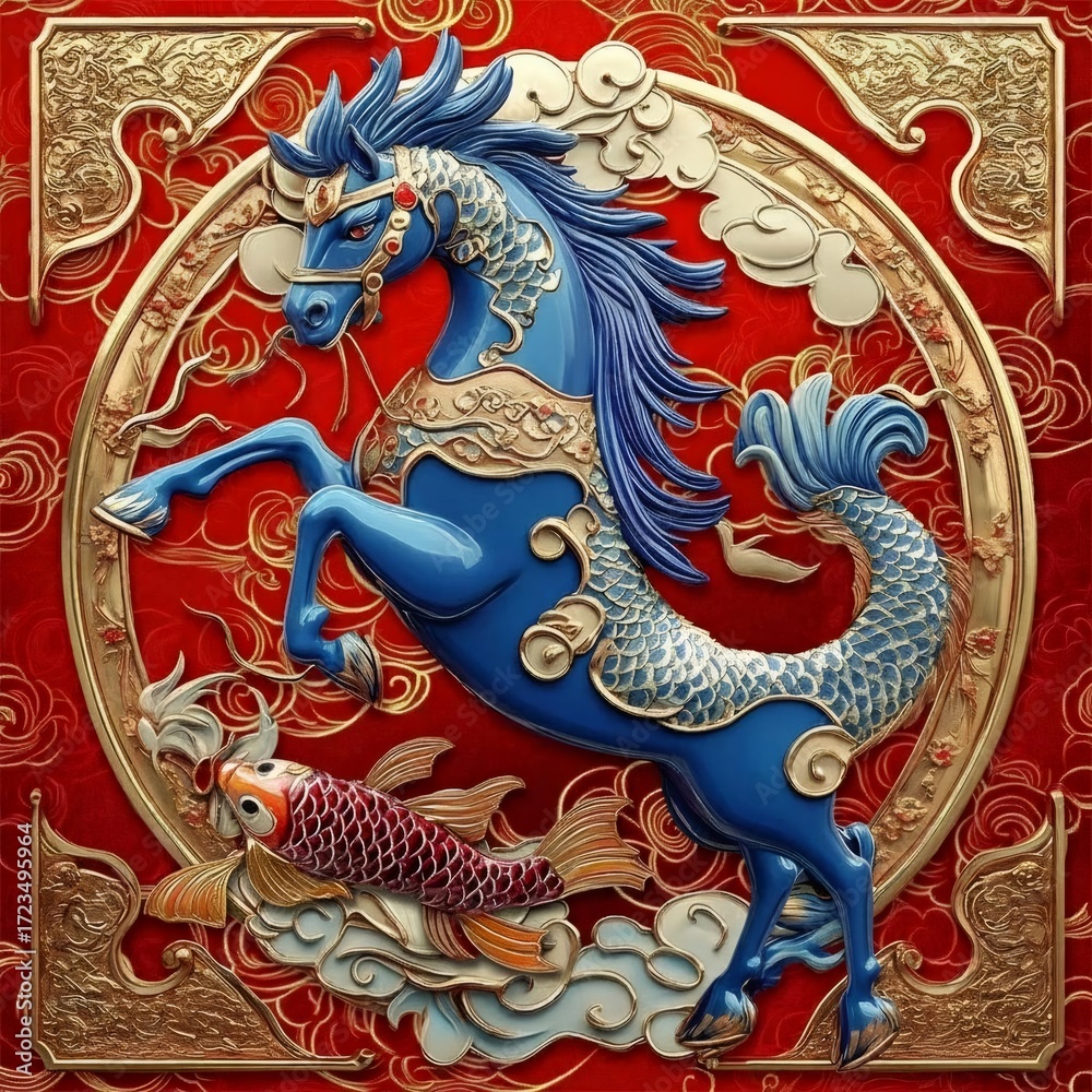 Fototapeta premium 鮮やかな青い馬と赤い鯉の黄金装飾模様背景