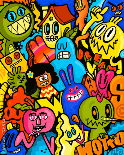 Vibrant cartoon monsters and whimsical characters create a playful, energetic doodle art explosion for creative projects