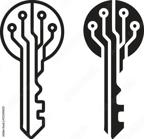 Digital key icon, cybersecurity access symbol, technology security concept