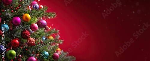 Decorated Christmas tree with colorful baubles on red festive background