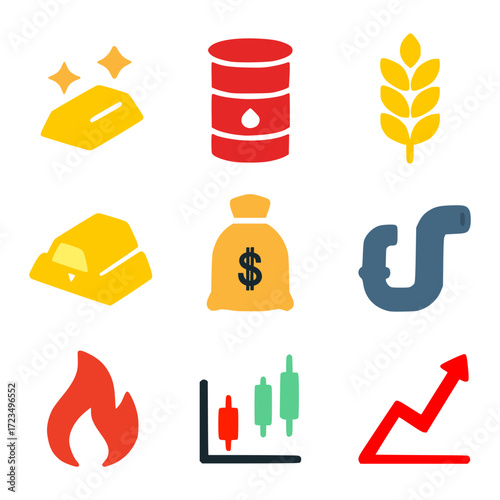 solid-style icons representing key economic sectors and financial concepts. Includes gold bars, oil barrel, wheat stalk, money bag, flame, pipe, candlestick chart, and growth arrow.