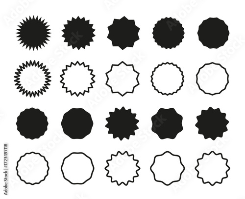 Circle sticker. Star burst shape tags for price. Set of wavy edge promo badges. Blank of sale pack. Vintage labels collection. Circle black thin lined borders. Curve edge round flat frame.