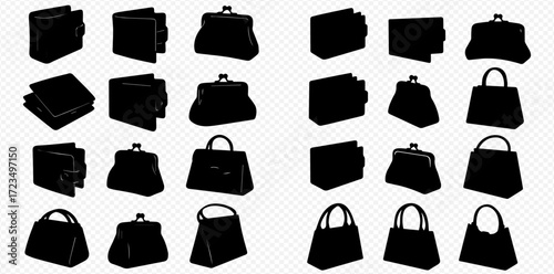 Collection of wallet and handbag silhouettes in various shapes and sizes arranged on a transparent background.