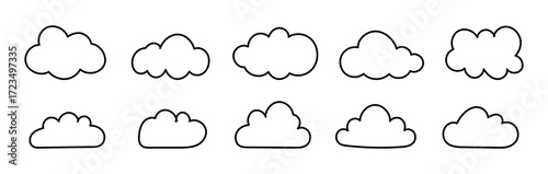 Fluffy doodle clouds. Outline cloud. Weather design element templates. Puffy, cumulus clouds patterns. Set of cloudy forms in black contour. Hand drawn cute thin icon. Flat simple objects cloudscape.